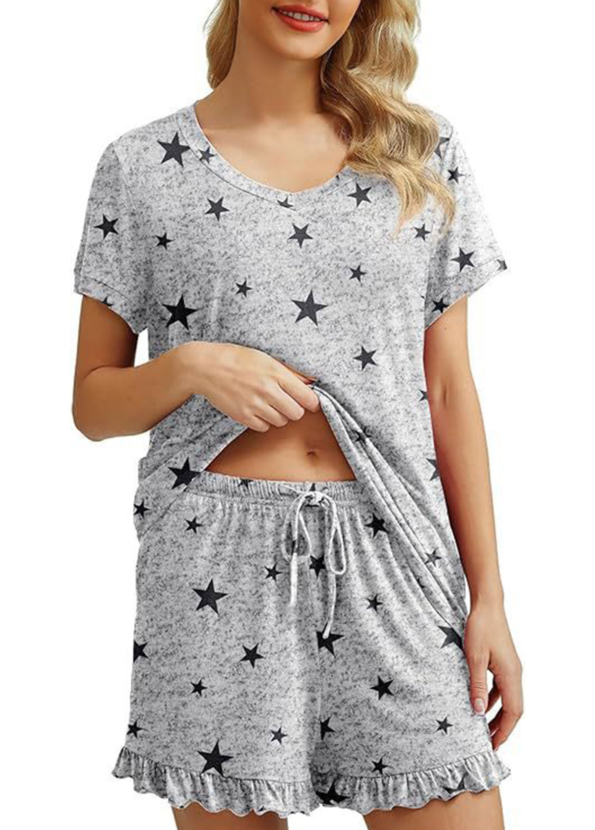 Grey loungewear,Galaxy loungewear,Star Print Grey Round Neck Lounge Top and Shorts