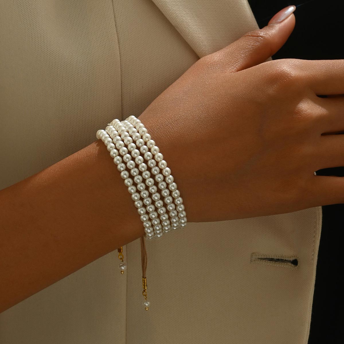 White jewelry,Geometric jewelry,White Pearl Adjustable Layered Design Bracelet