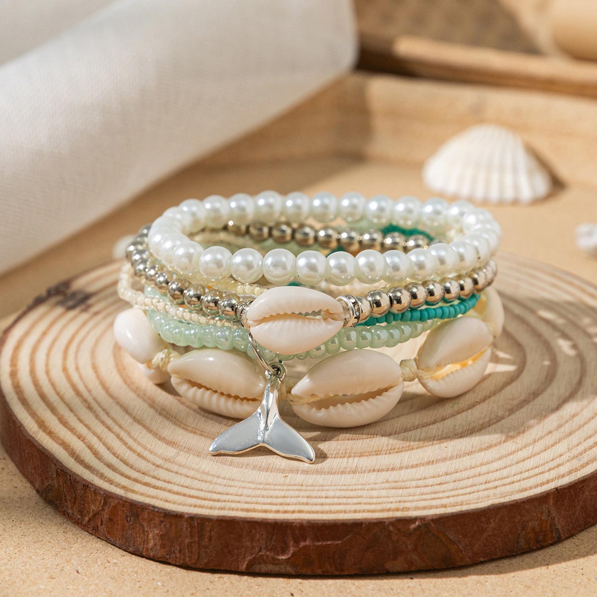 Light Green jewelry,Shell Light Green Seed Beads Bracelets Set