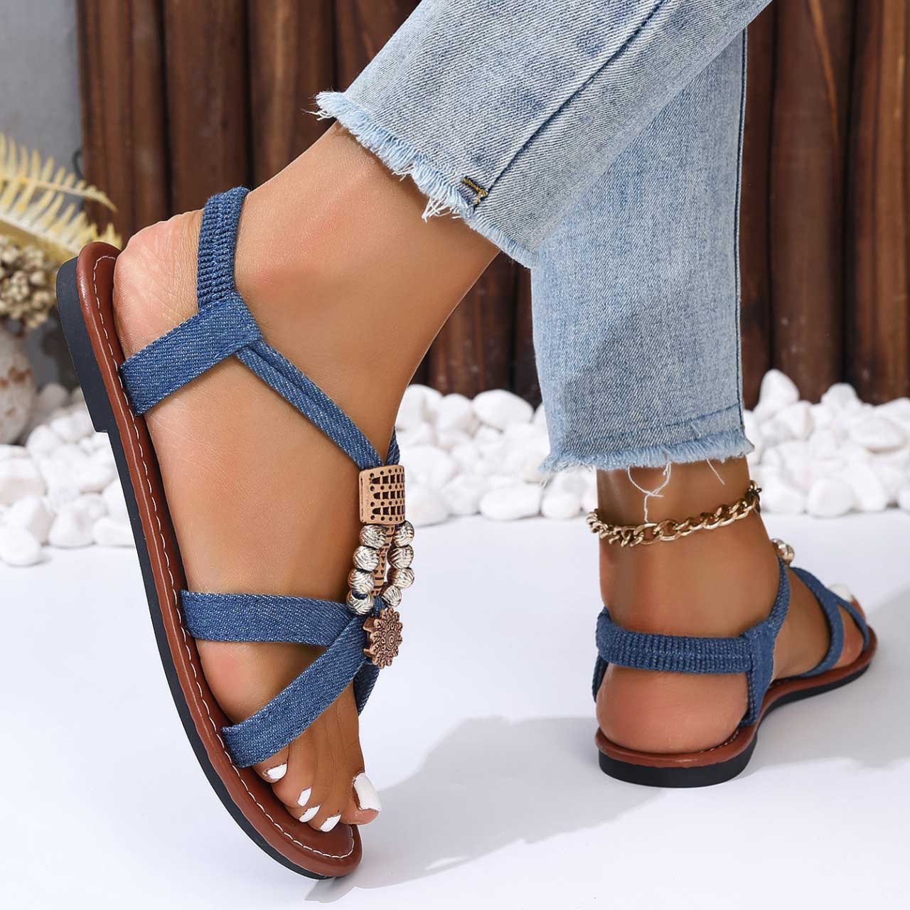Denim Blue shoes,Plain Color shoes,Denim Blue Falt Round Toe Sandals
