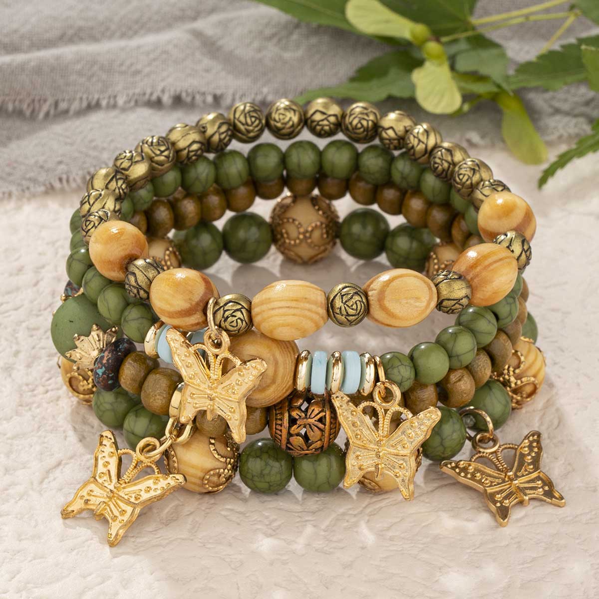Olive Green jewelry,Animal Print jewelry,Butterfly Olive Green Alloy Bracelet Set