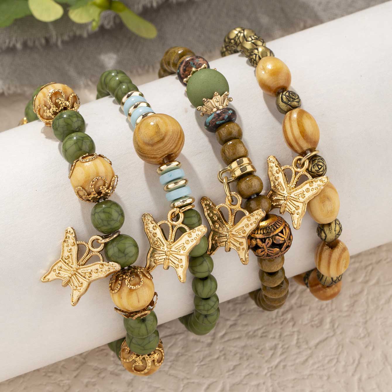 Olive Green jewelry,Animal Print jewelry,Butterfly Olive Green Alloy Bracelet Set