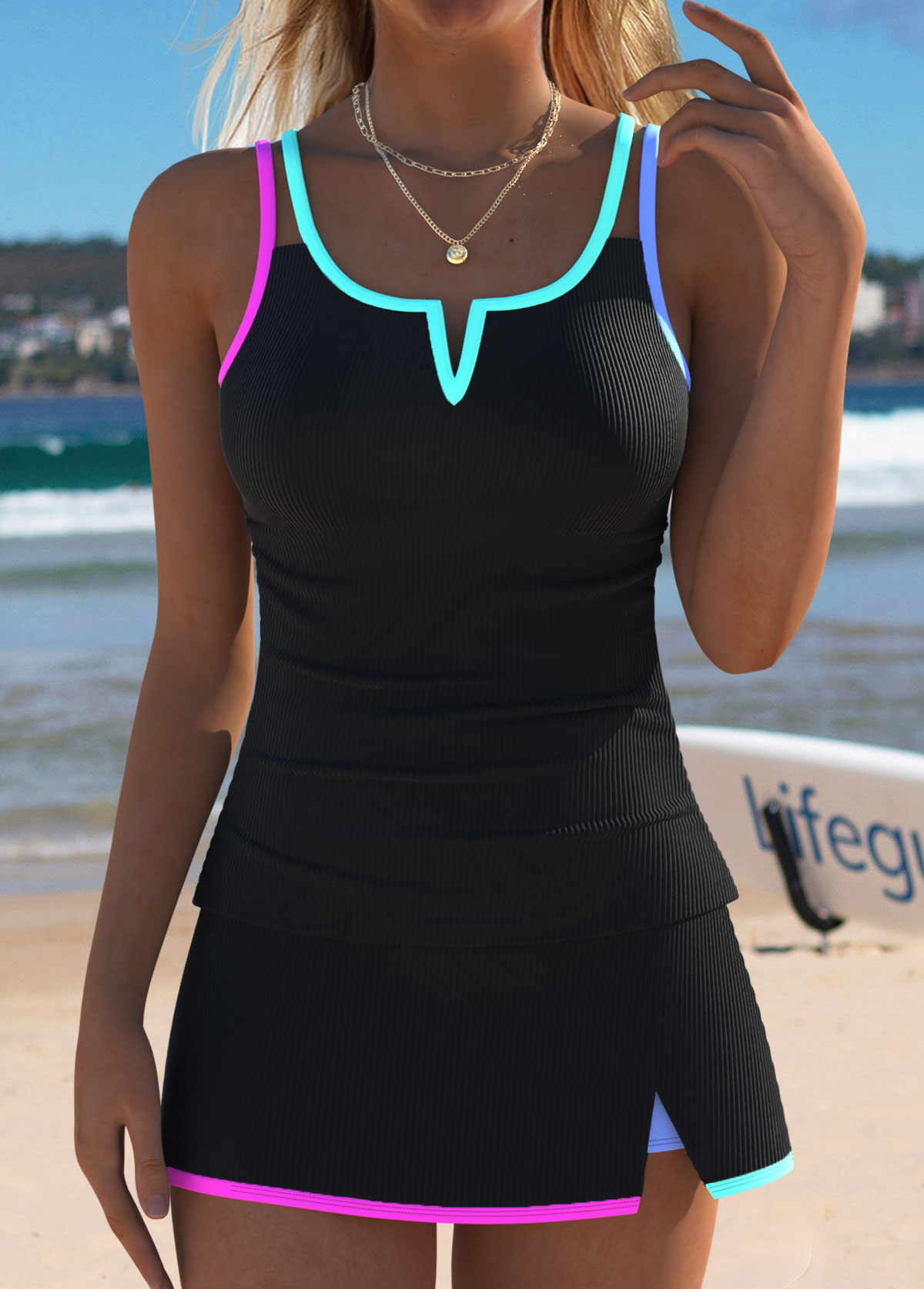 Black swimwear,Contrast Color swimwear,ROTITA Black Mid Waisted Contrast Piping Tankini Set
