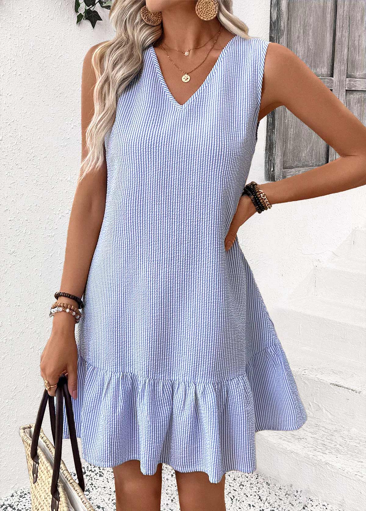 Blue dresses,Striped dresses,Geometric dresses,Everyday dresses,Casual dresses,ROTITA Striped Blue V Neck Sleeveless Dress