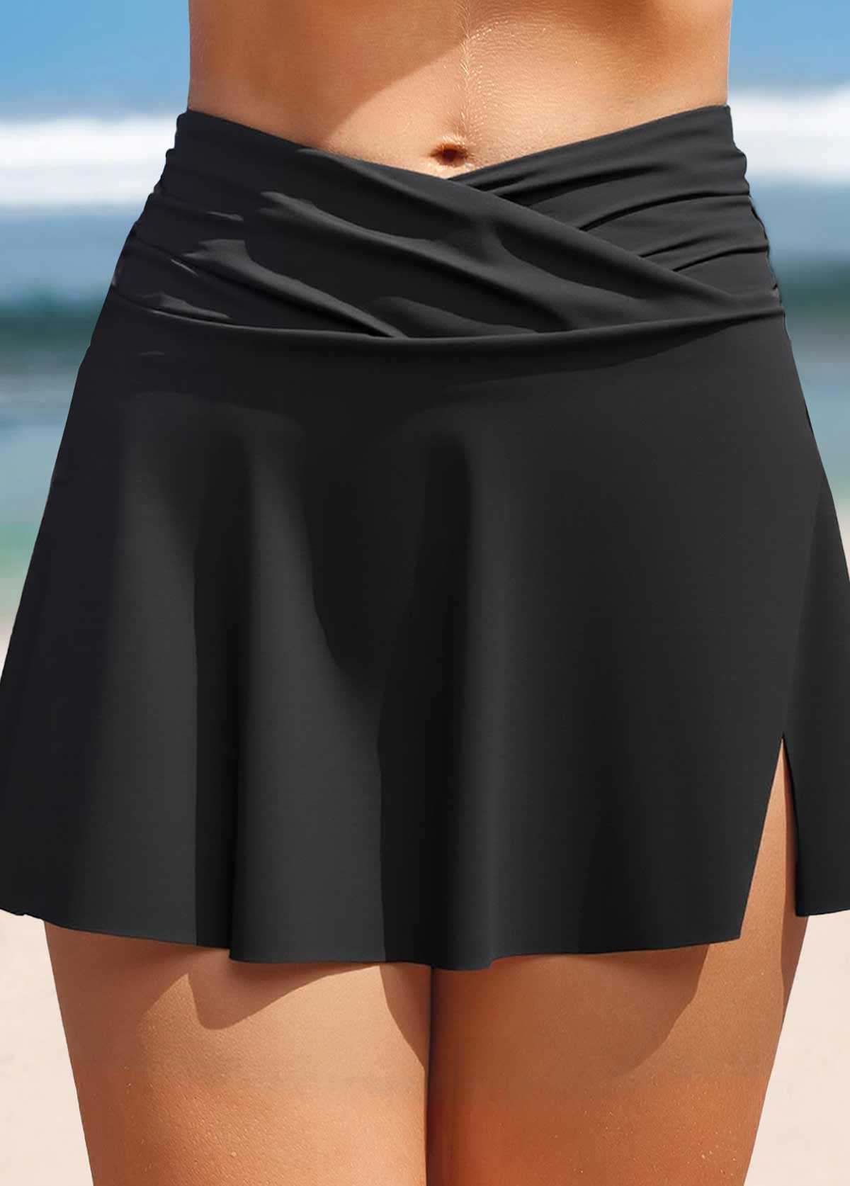 Black swimwear,Plain Color swimwear,ROTITA Black Side Slit High Waisted Swim Skirt