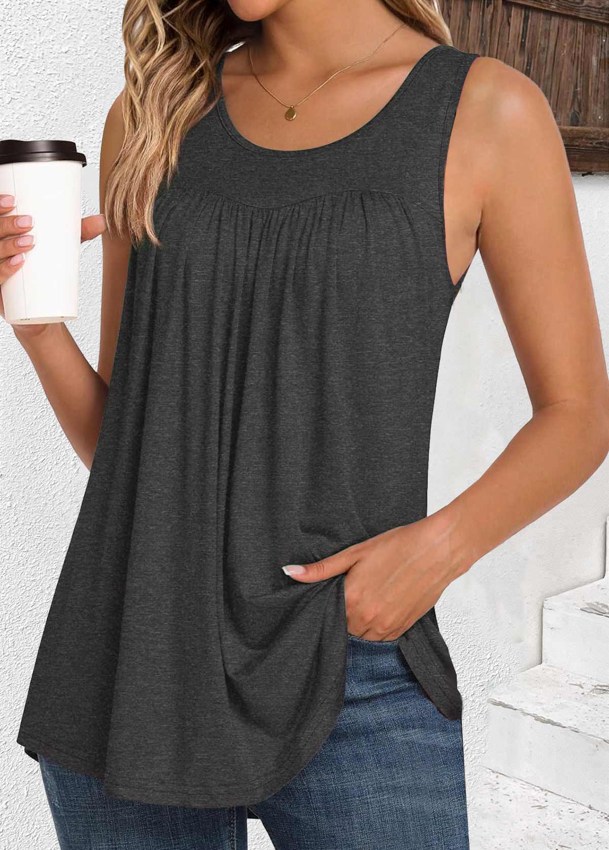 Dark Grey tops,Plain Color tops,ROTITA Dark Grey Round Neck Sleeveless Tank Top