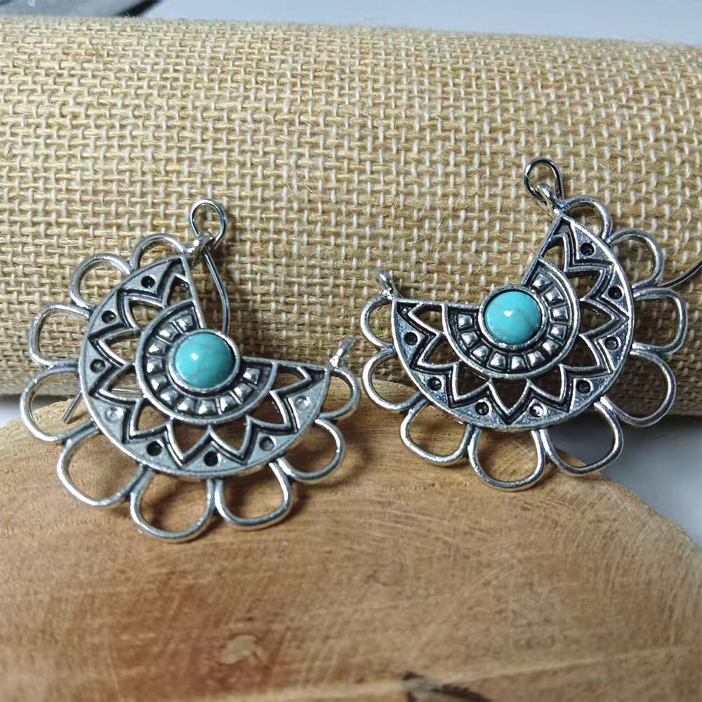 Silver jewelry,Tribal jewelry,Silver Alloy Turquoise Hollow Tribal Earrings