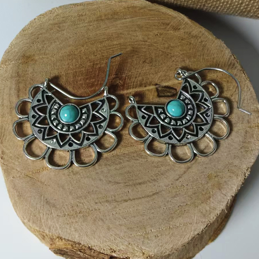 Silver jewelry,Tribal jewelry,Silver Alloy Turquoise Hollow Tribal Earrings