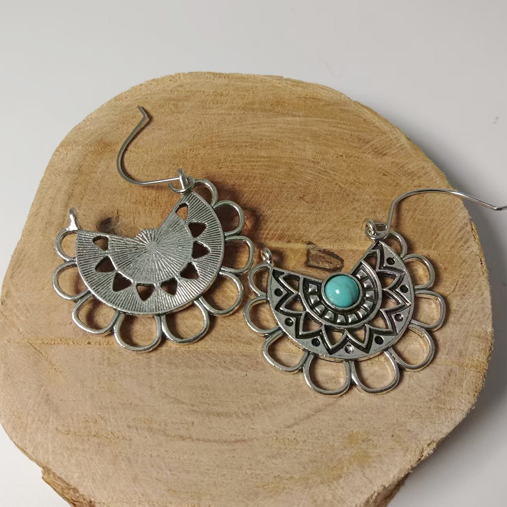 Silver jewelry,Tribal jewelry,Silver Alloy Turquoise Hollow Tribal Earrings