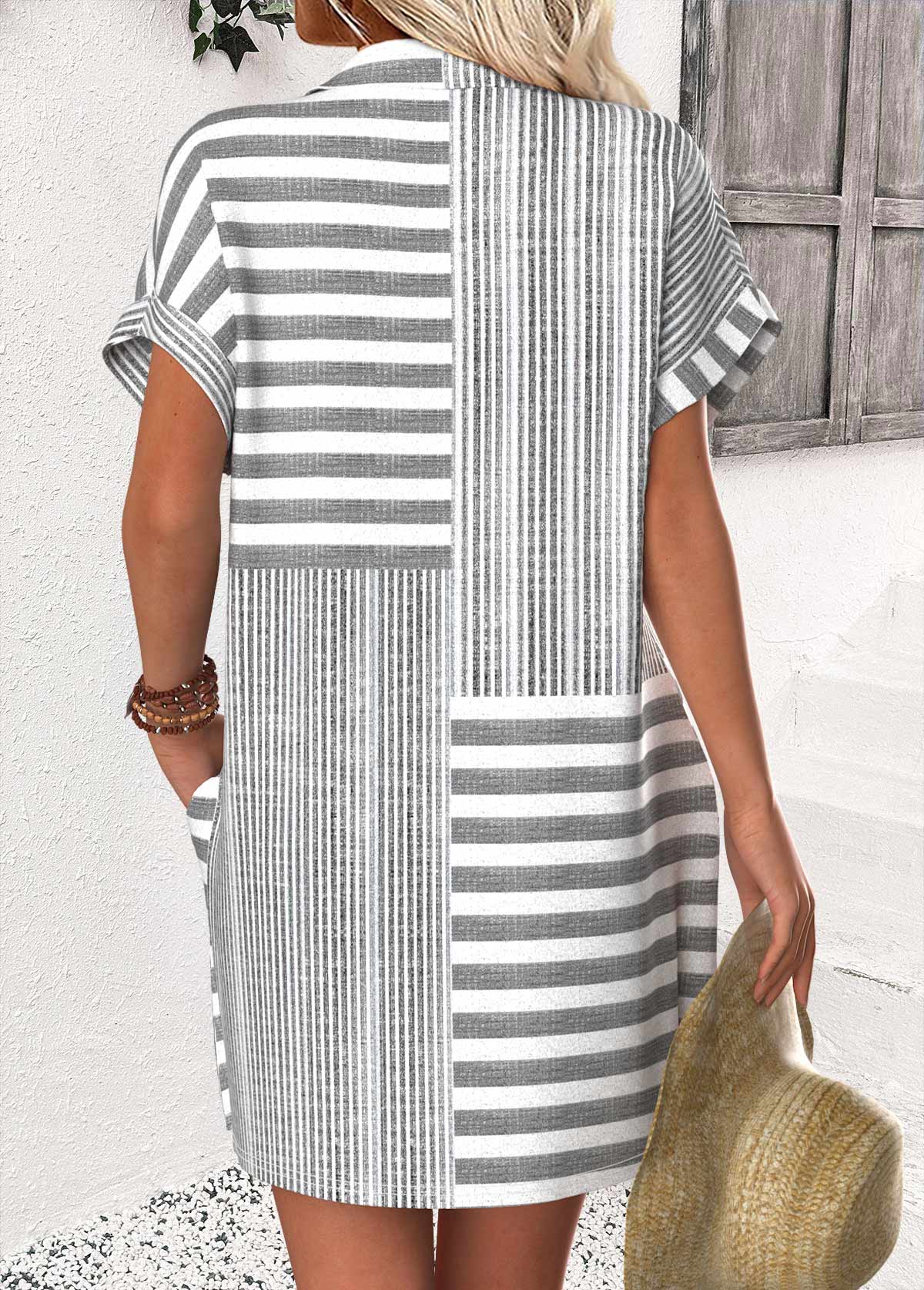 Light Grey dresses,Striped dresses,Geometric dresses,Everyday dresses,Casual dresses,ROTITA Striped Light Grey Short Shirt Collar Dress
