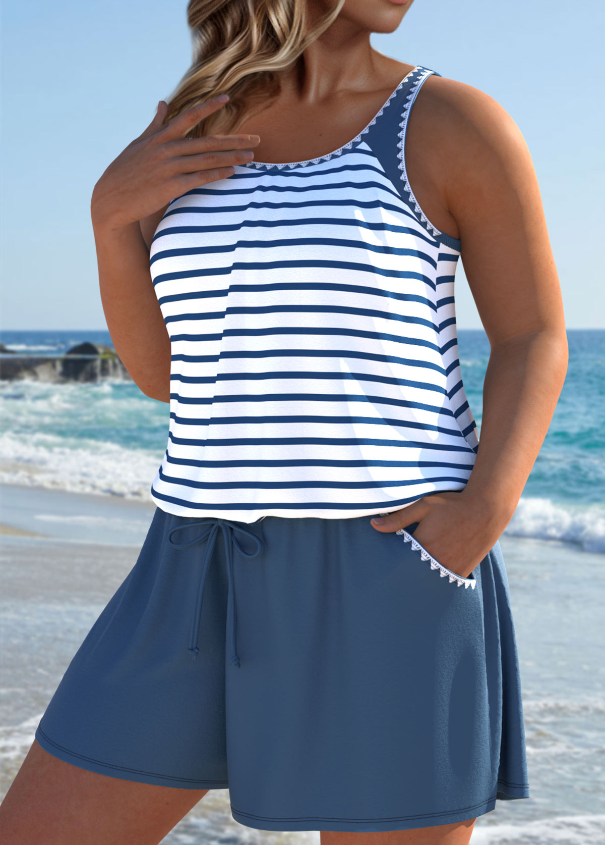 Dusty Blue swimwear,Striped swimwear,Geometric swimwear,ROTITA Dusty Blue Striped One Piece Swimwear
