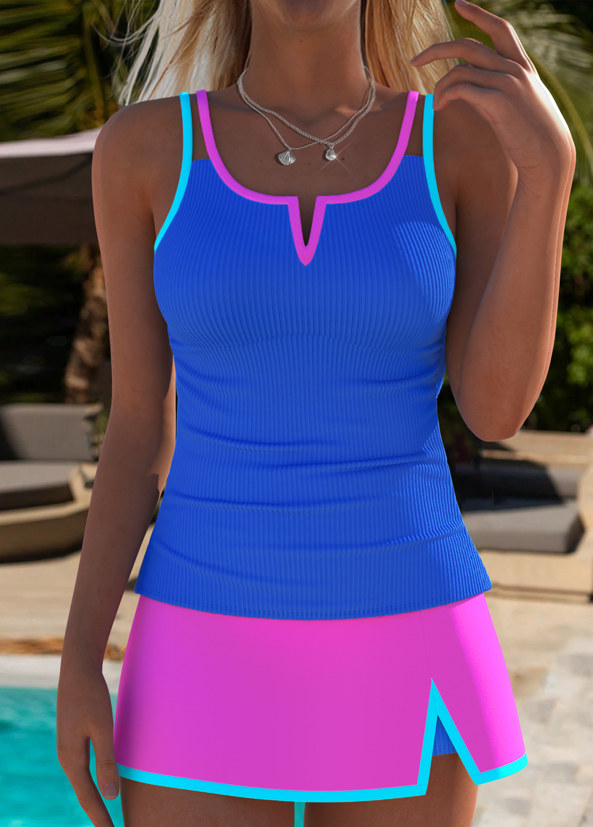 Purplish Blue swimwear,Contrast Color swimwear,ROTITA Purplish Blue Mid Waisted Tankini Set