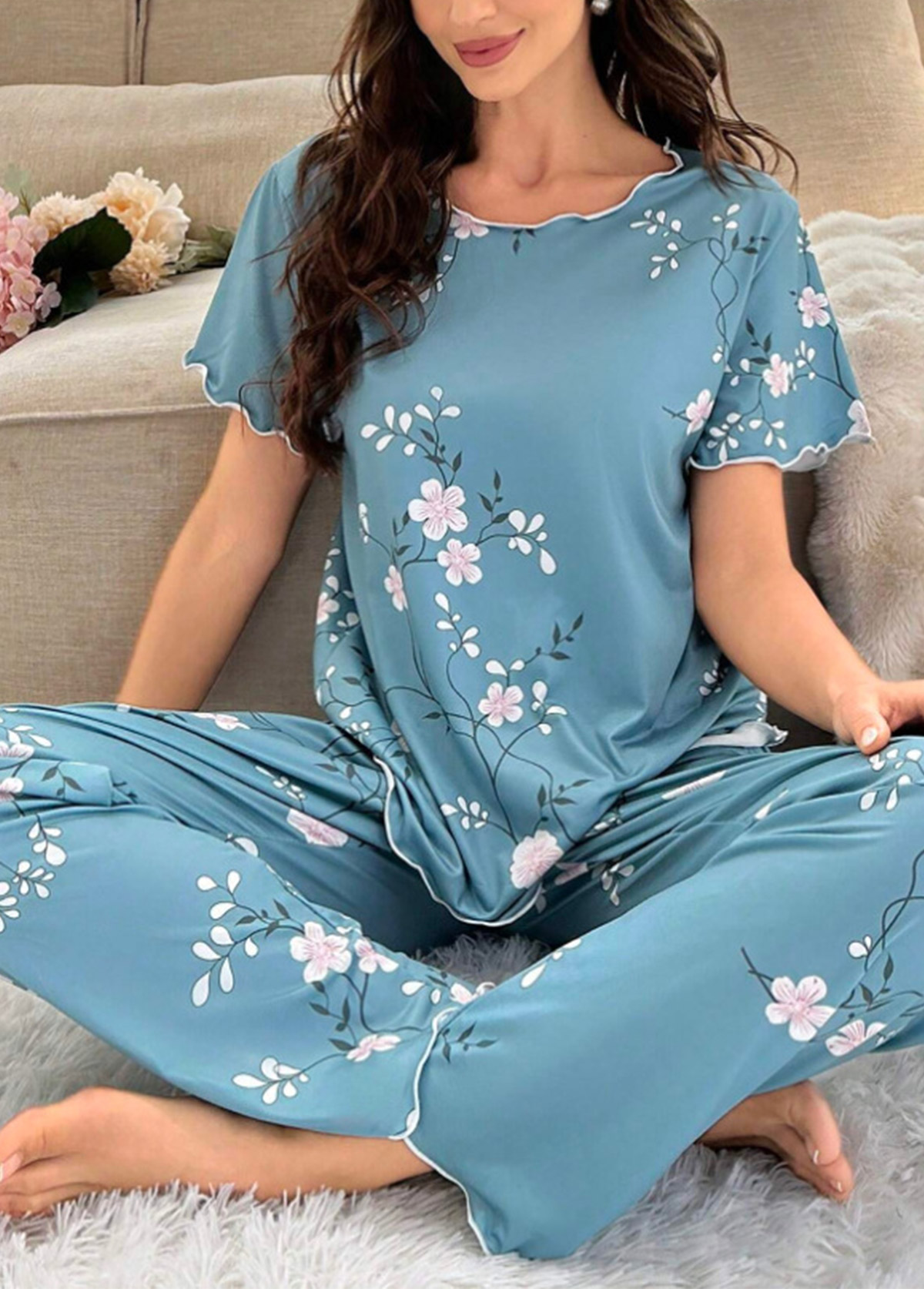 Peacock Blue loungewear,Floral loungewear,Plants loungewear,Floral Print Peacock Blue Lounge Top and Pants