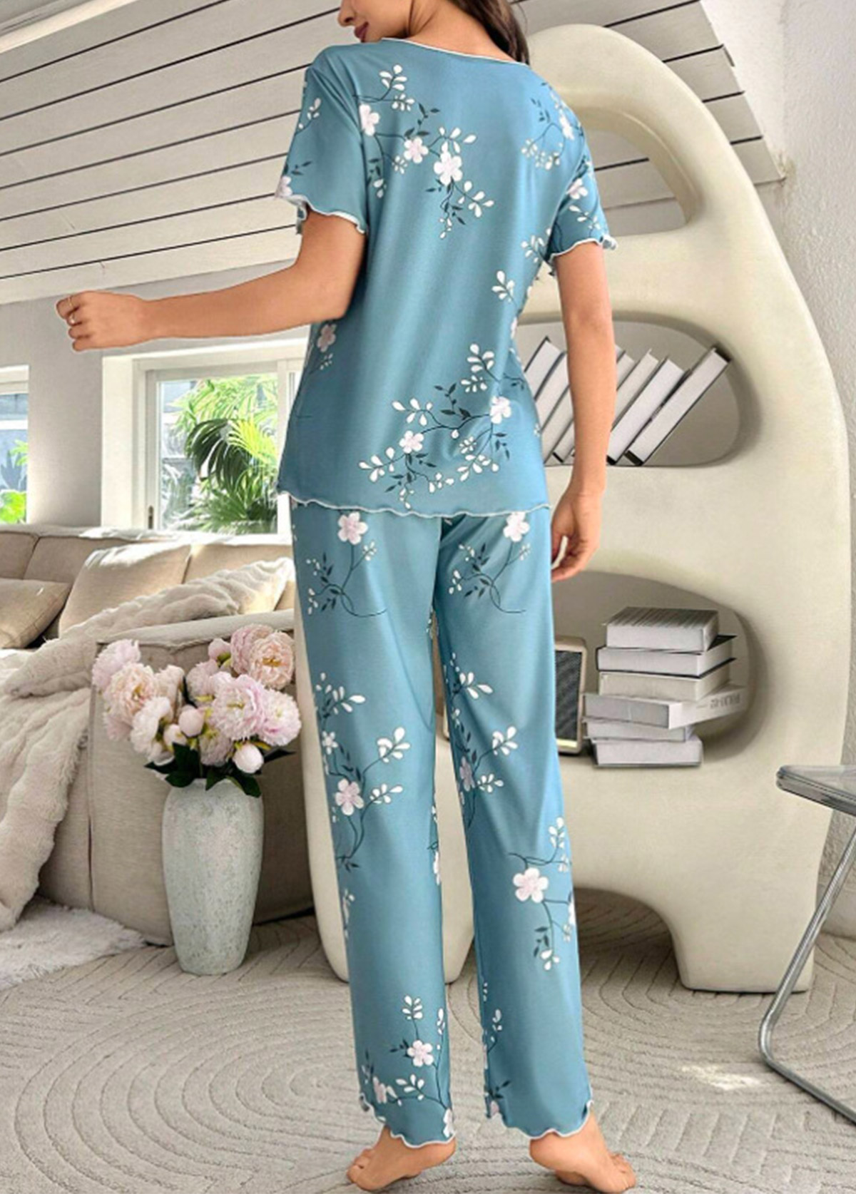 Peacock Blue loungewear,Floral loungewear,Plants loungewear,Floral Print Peacock Blue Lounge Top and Pants