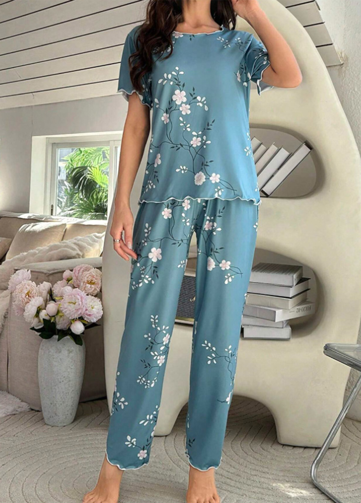 Peacock Blue loungewear,Floral loungewear,Plants loungewear,Floral Print Peacock Blue Lounge Top and Pants