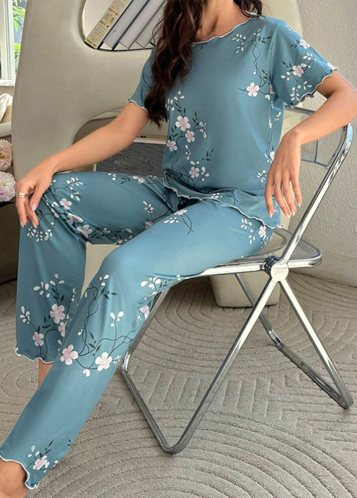 Peacock Blue loungewear,Floral loungewear,Plants loungewear,Floral Print Peacock Blue Lounge Top and Pants