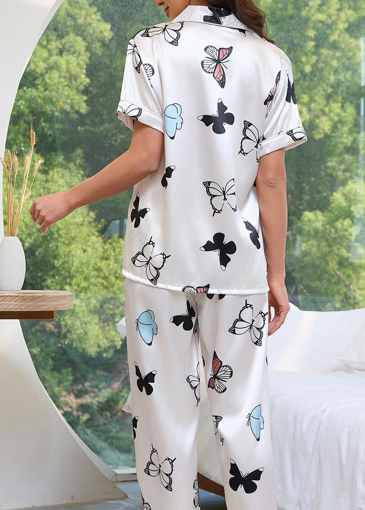 White loungewear,Animal Print loungewear,Butterfly Print White Shirt Collar Lounge Top and Pants