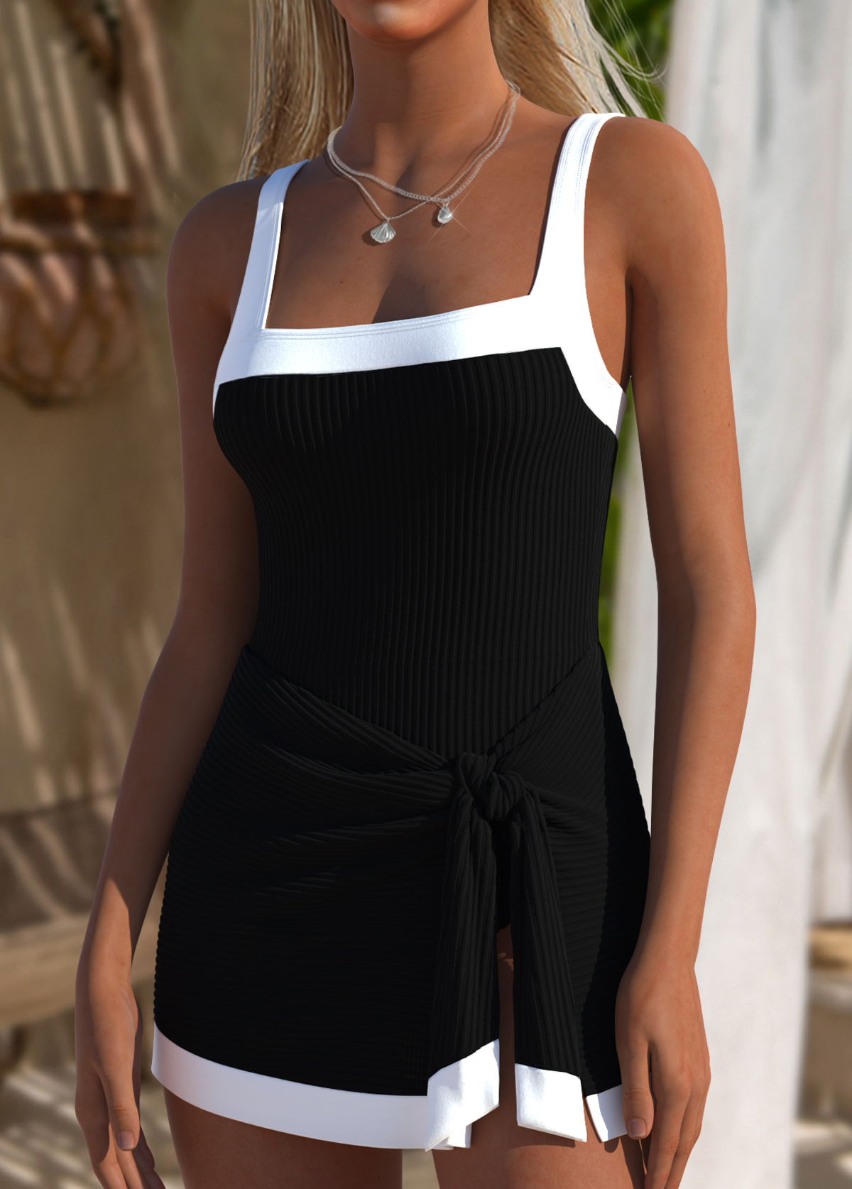 Black swimwear,Contrast Color swimwear,ROTITA Black Square Neck One Piece Swimdress