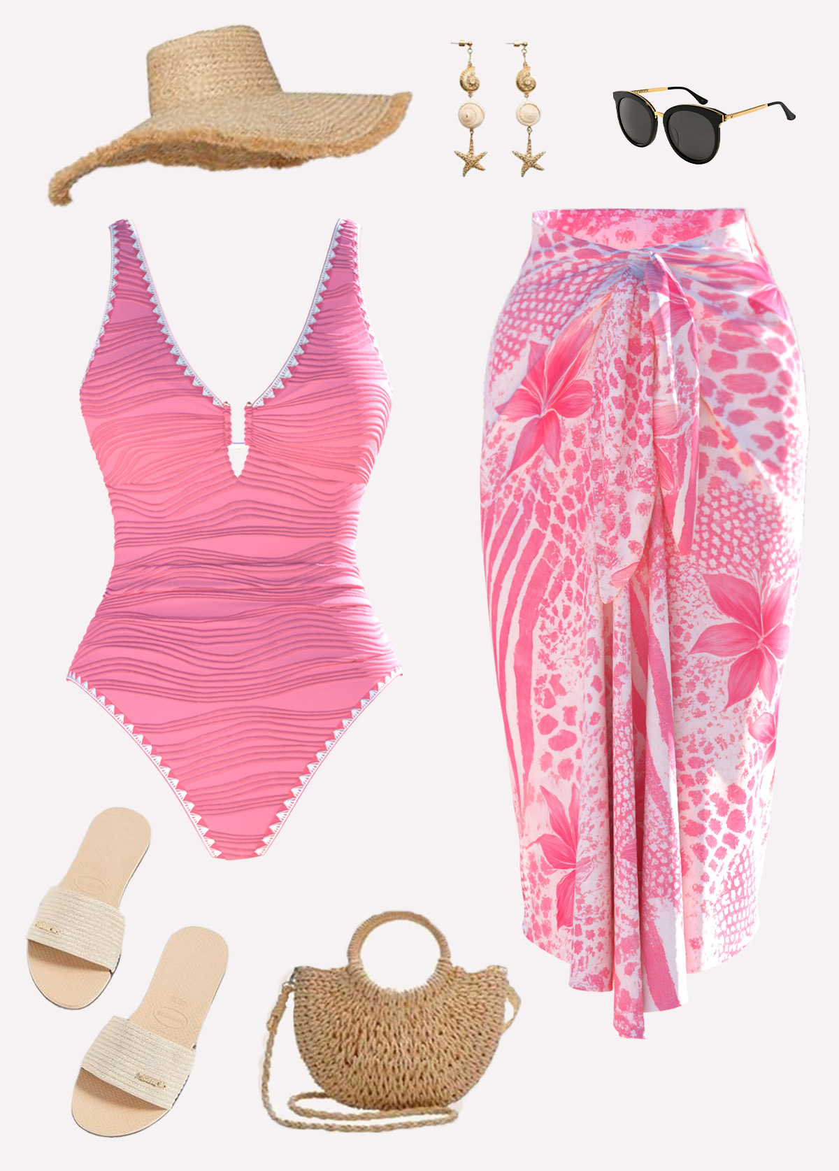 Pink swimwear,Floral swimwear,Plants swimwear,ROTITA Pink Floral Print One Piece Swimwear and Skirt