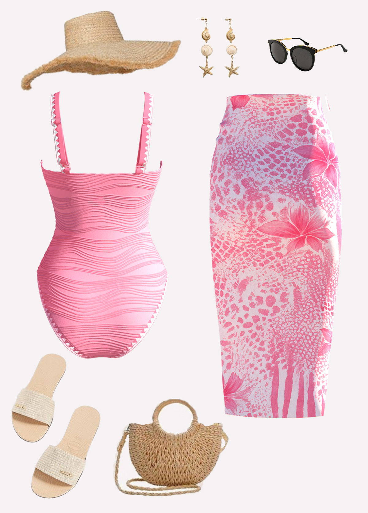 Pink swimwear,Floral swimwear,Plants swimwear,ROTITA Pink Floral Print One Piece Swimwear and Skirt