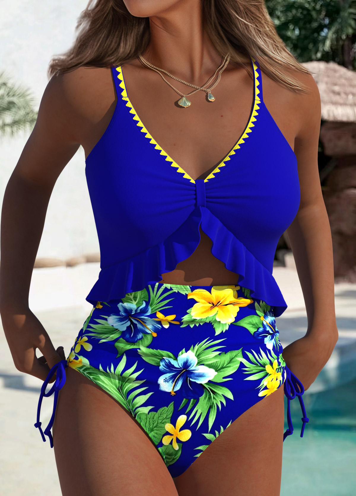 Royal Blue swimwear,Floral swimwear,Plants swimwear,ROTITA Royal Blue Floral Print One Piece Swimwear