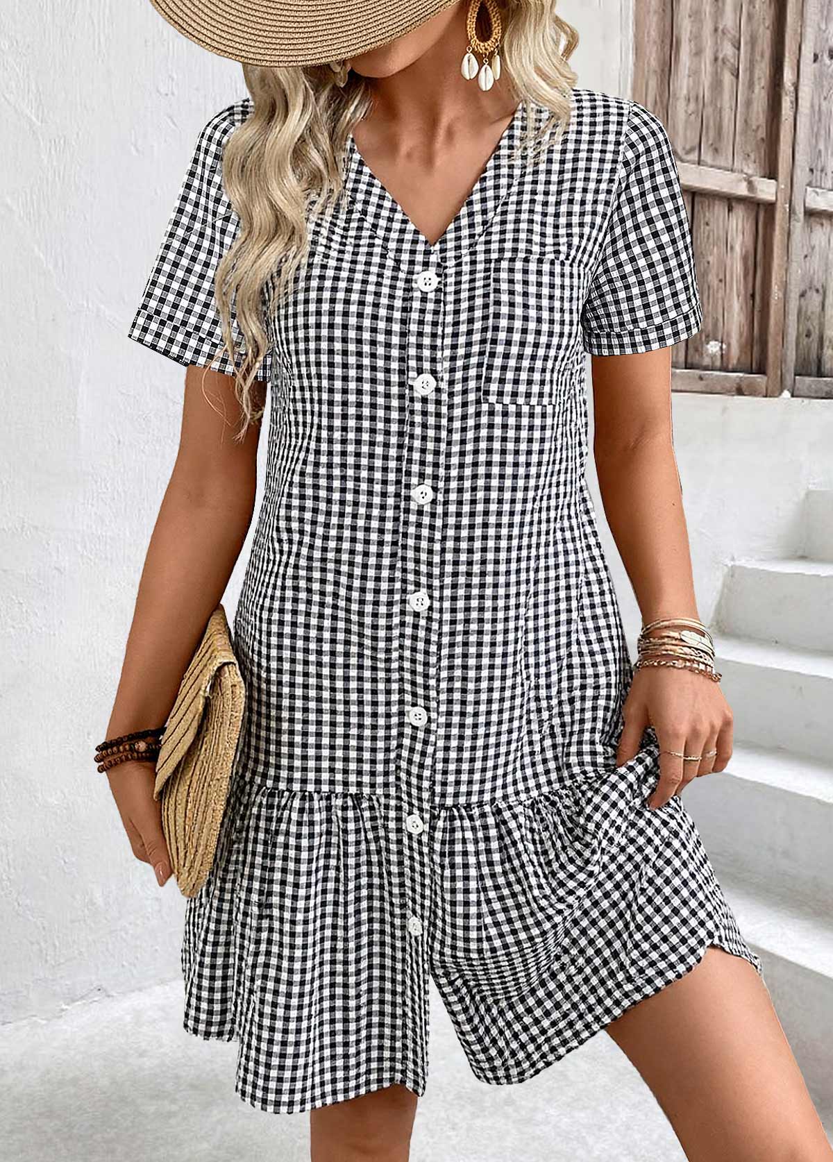Black dresses,Plaid dresses,Geometric dresses,Everyday dresses,Casual dresses,ROTITA Plaid Black V Neck Short Sleeve Dress