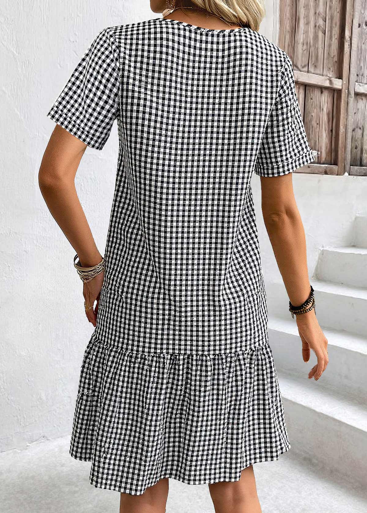 Black dresses,Plaid dresses,Geometric dresses,Everyday dresses,Casual dresses,ROTITA Plaid Black V Neck Short Sleeve Dress