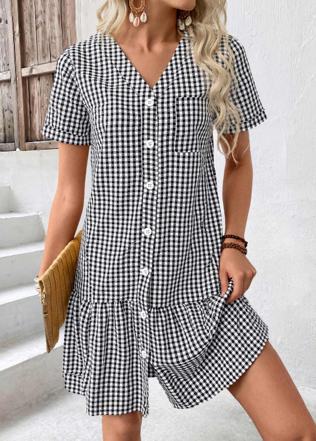 Black dresses,Plaid dresses,Geometric dresses,Everyday dresses,Casual dresses,ROTITA Plaid Black V Neck Short Sleeve Dress