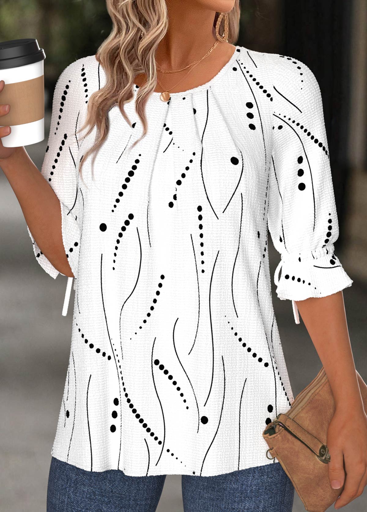White plus size,Geometric plus size,Dot plus size,ROTITA Plus Size Button White Geometric Print T Shirt