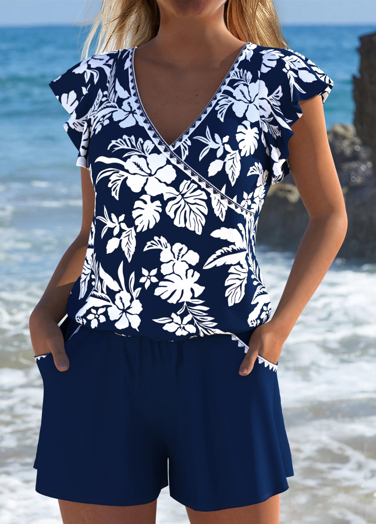 Navy swimwear,Floral swimwear,Plants swimwear,ROTITA Navy Floral Print One Piece Swimwear