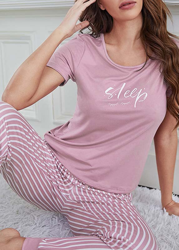 Pink loungewear,Letter loungewear,Letter Print Pink Round Neck Lounge Top and Pants