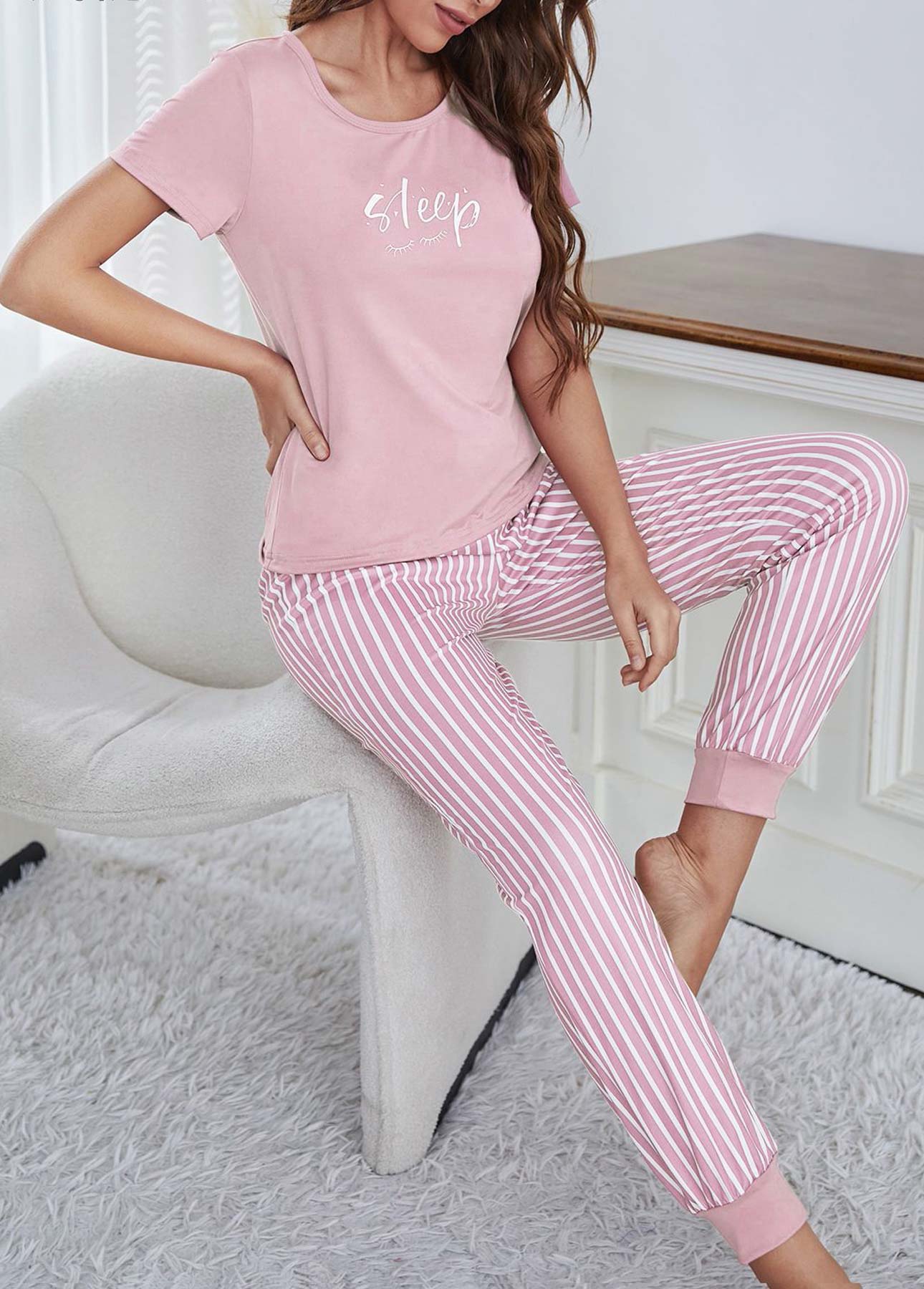Pink loungewear,Letter loungewear,Letter Print Pink Round Neck Lounge Top and Pants