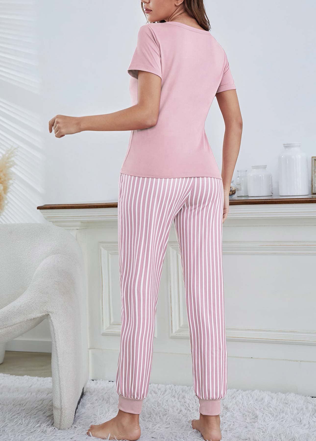 Pink loungewear,Letter loungewear,Letter Print Pink Round Neck Lounge Top and Pants