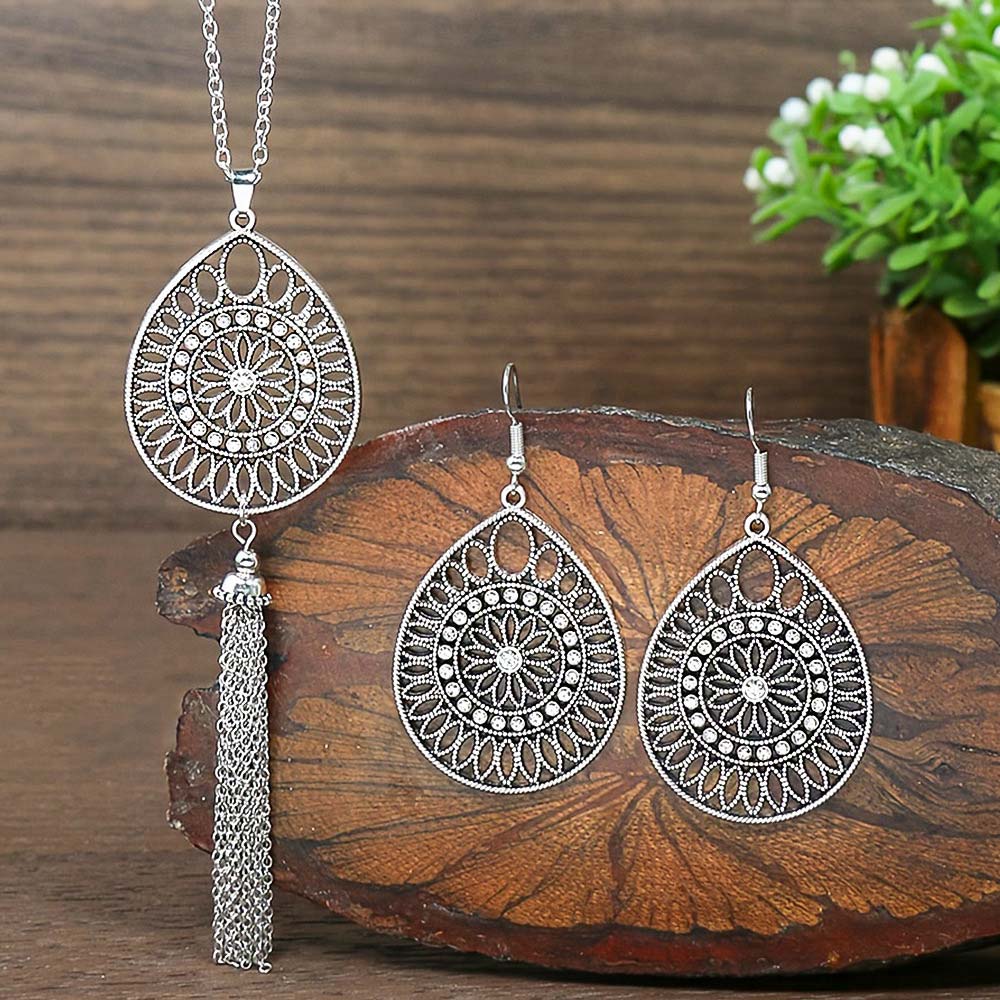 Silver jewelry,Tribal jewelry,Silver Hollow Alloy Earrings and Necklace