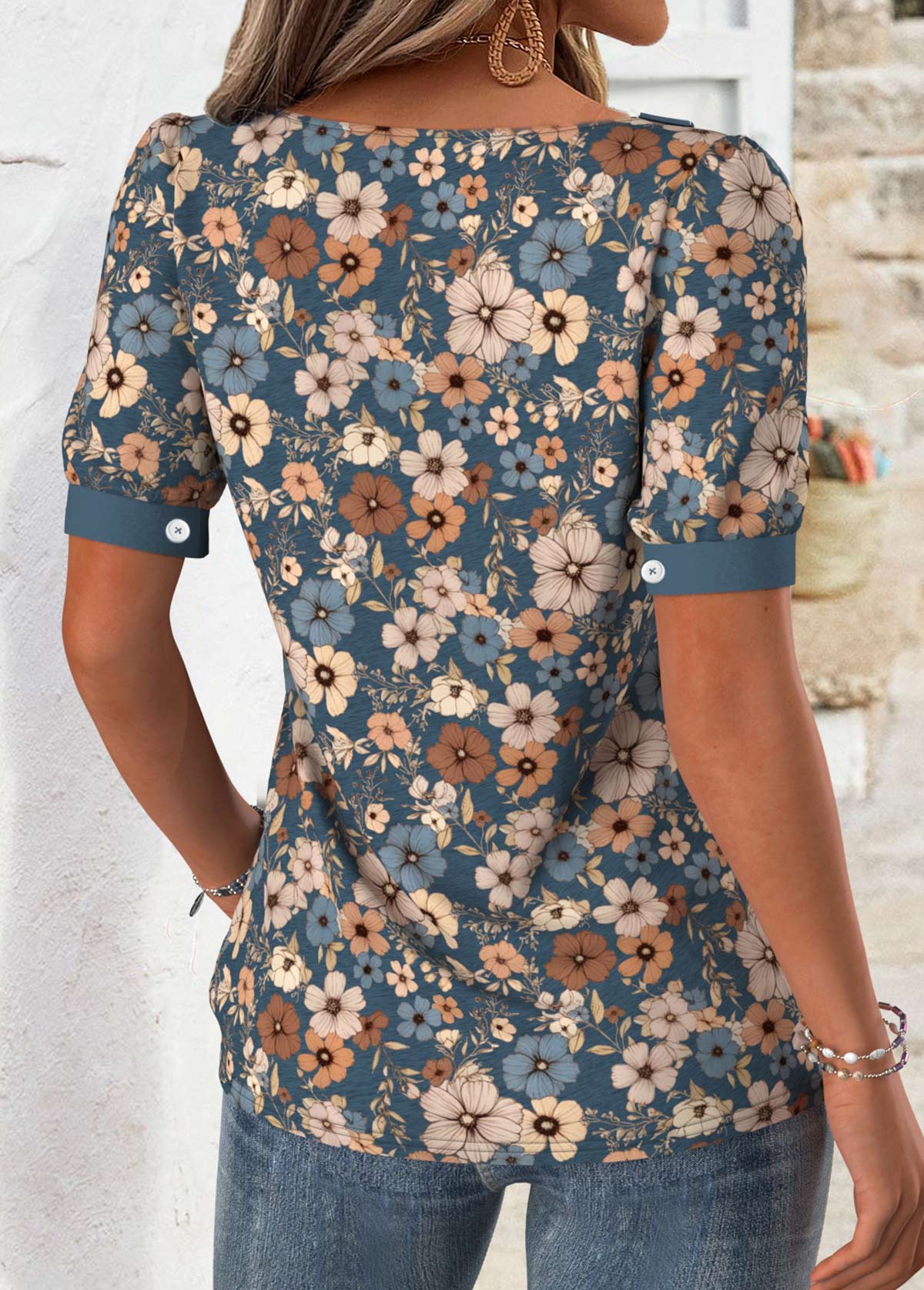 Multi Color tops,Floral tops,Plants tops,ROTITA Floral Print Multi Color Asymmetrical Neck T Shirt