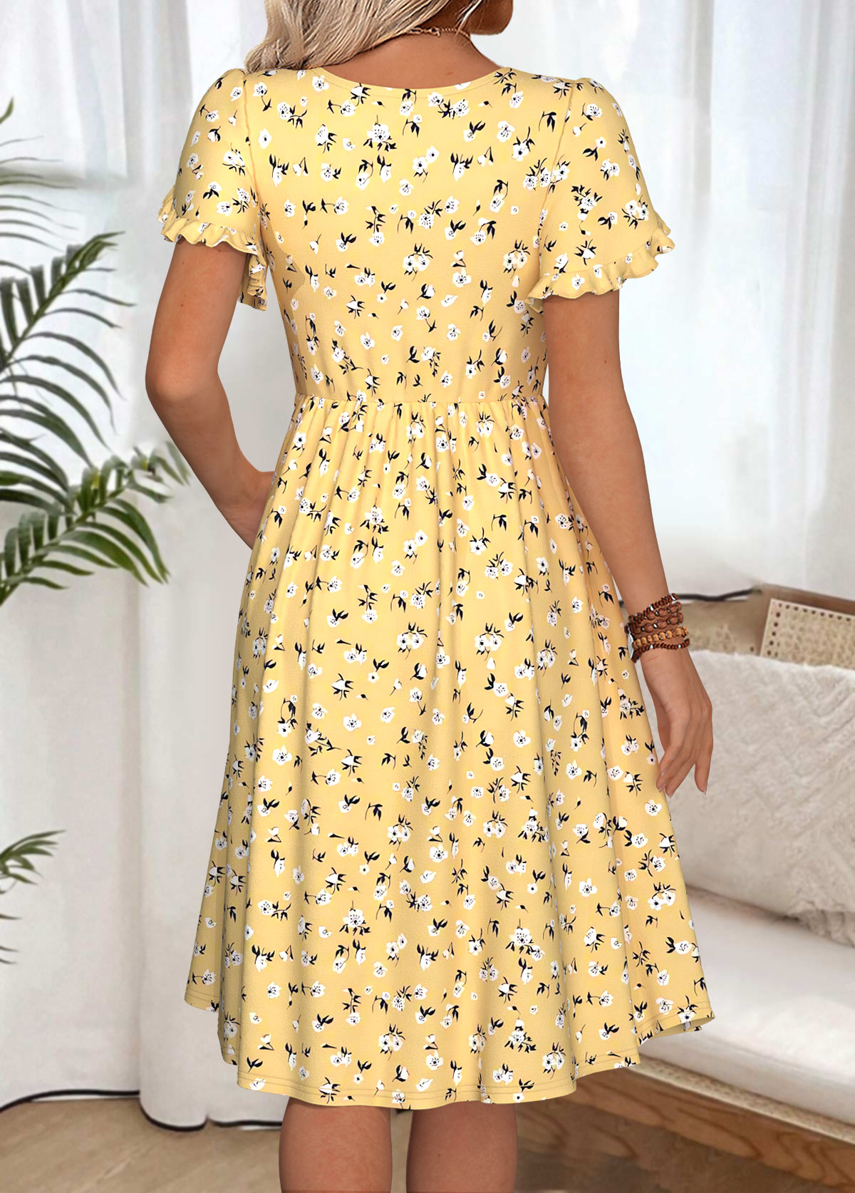 Yellow dresses,Ditsy Floral dresses,Everyday dresses,Casual dresses,ROTITA Ditsy Floral Print Yellow Boat Neck Short Sleeve Dress