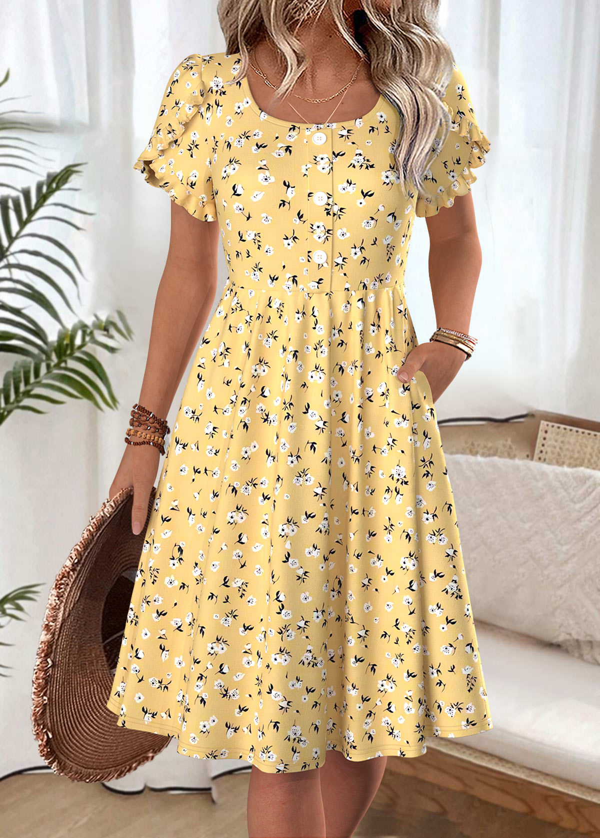 Yellow dresses,Ditsy Floral dresses,Everyday dresses,Casual dresses,ROTITA Ditsy Floral Print Yellow Boat Neck Short Sleeve Dress