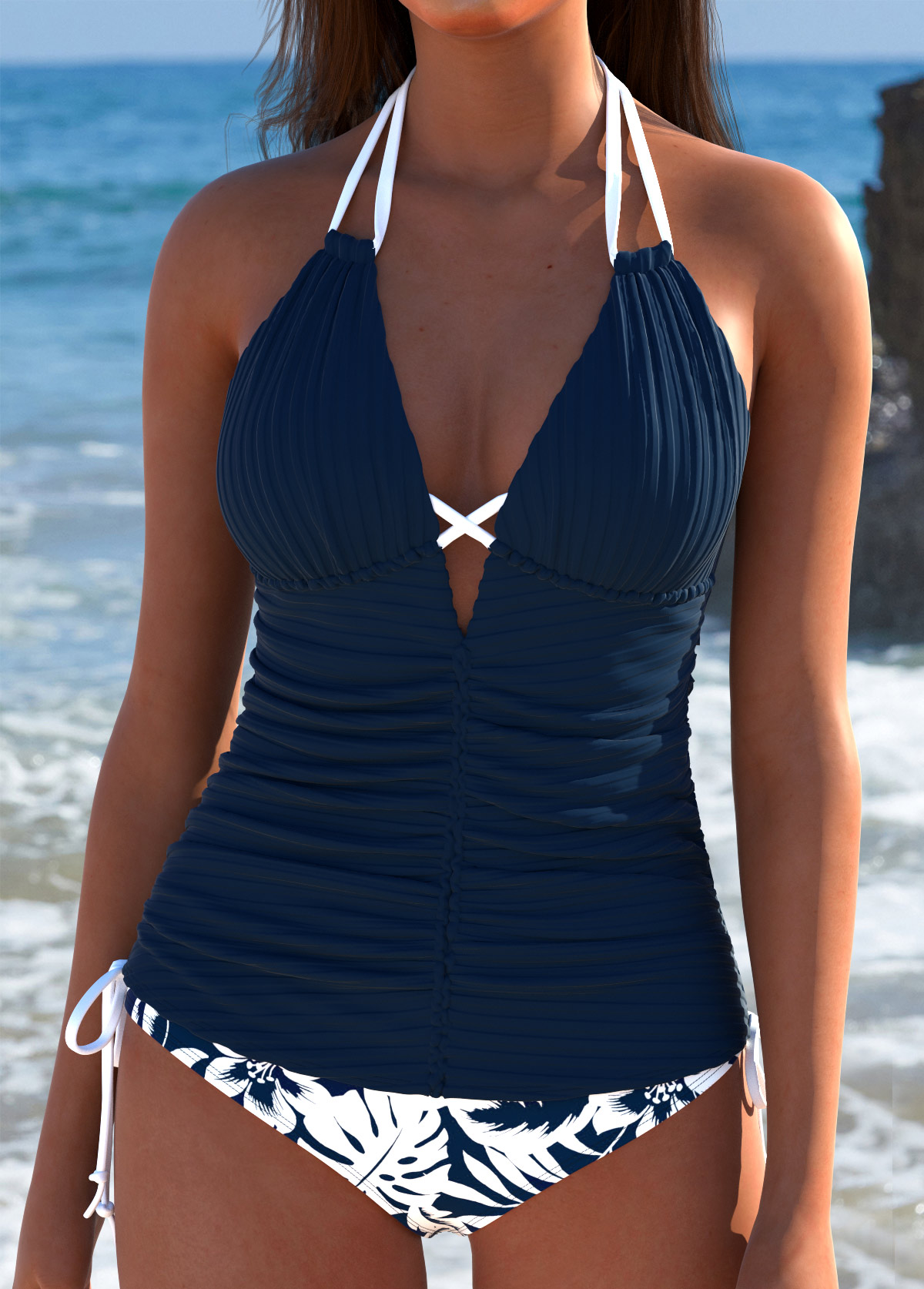 Navy swimwear,Plants swimwear,ROTITA Navy Tropical Plants Print High Waisted Tankini Set