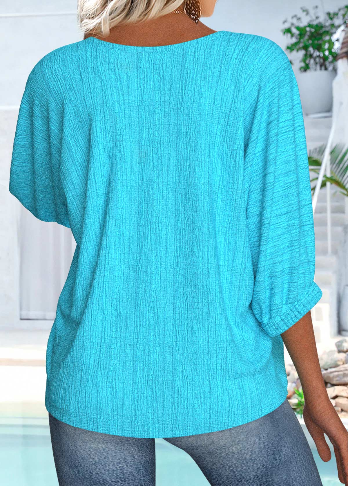Cyan tops,Plain Color tops,ROTITA Cyan Round Neck 3/4 Sleeve Blouse