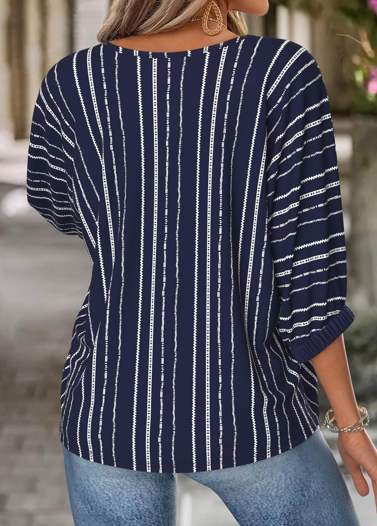 Navy tops,Geometric tops,ROTITA Geometric Print Navy Boat Neck 3/4 Sleeve T Shirt