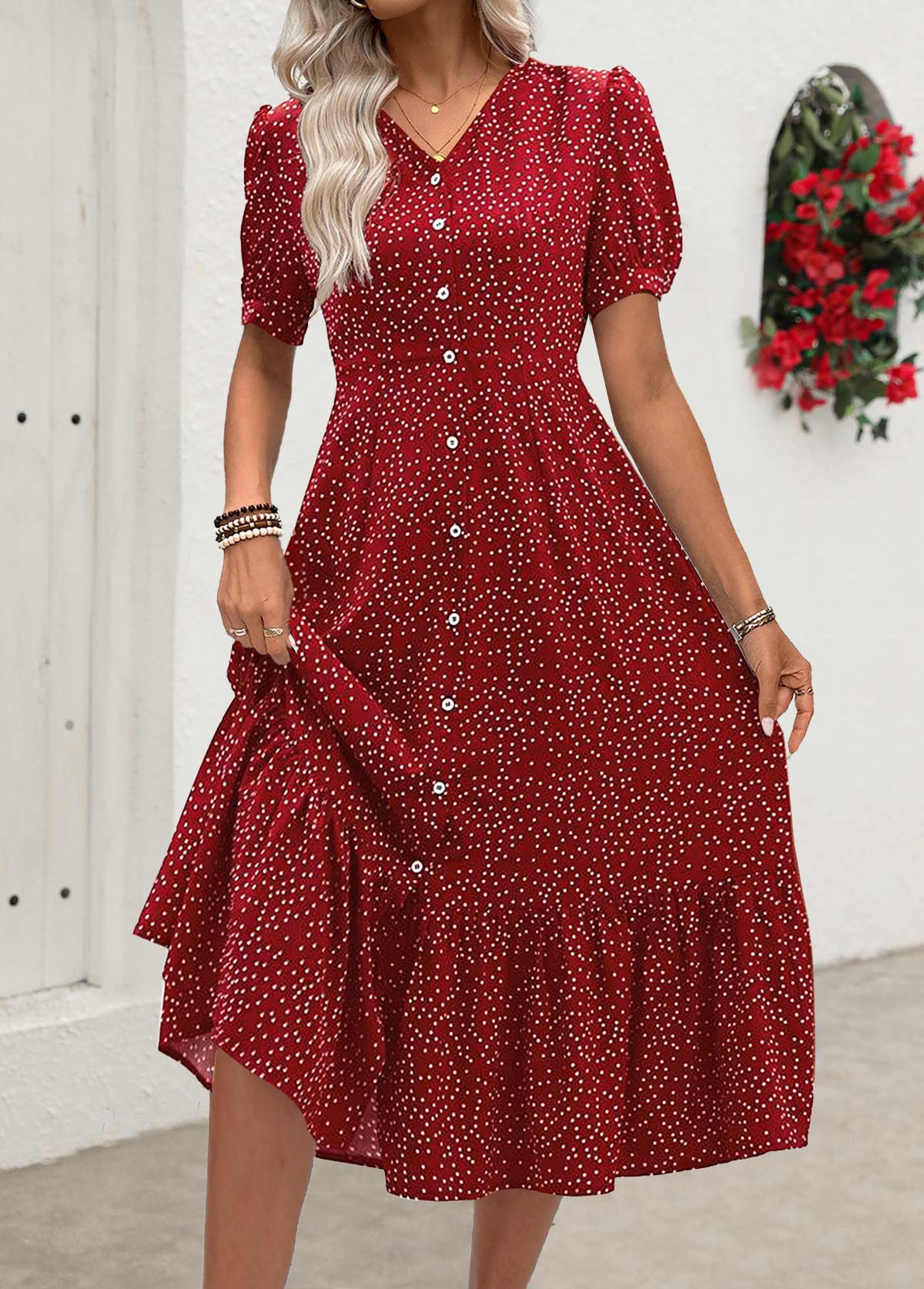 Red dresses,Dot dresses,Everyday dresses,Casual dresses,ROTITA Polka Dot Red V Neck Short Sleeve Dress