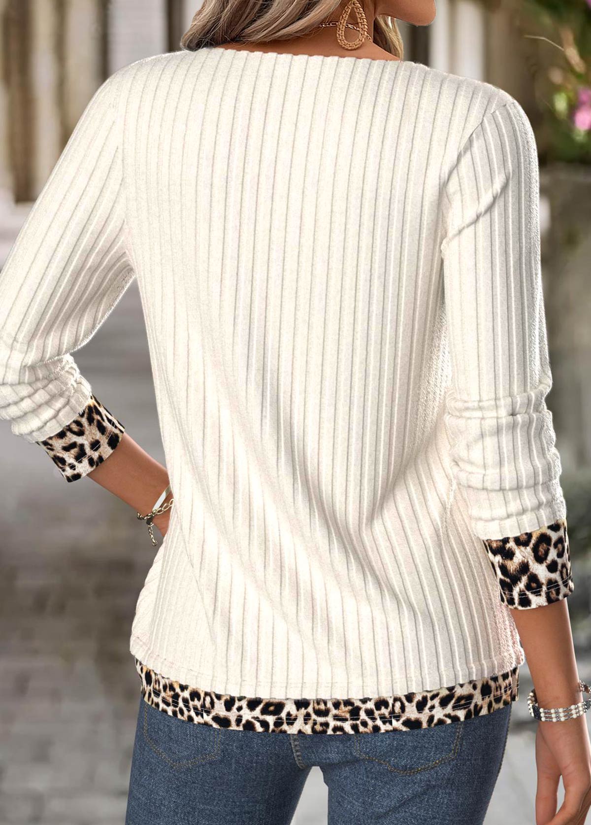 Beige tops,Leopard tops,Animal Print tops,ROTITA Leopard Beige V Neck Long Sleeve T Shirt
