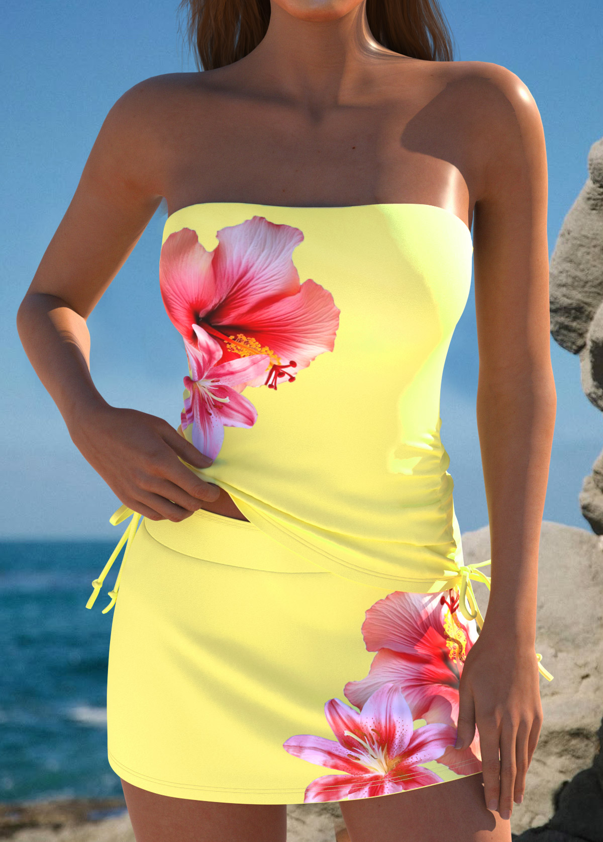 Yellow swimwear,Floral swimwear,Plants swimwear,ROTITA Yellow Floral Print Mid Waisted Tankini Set