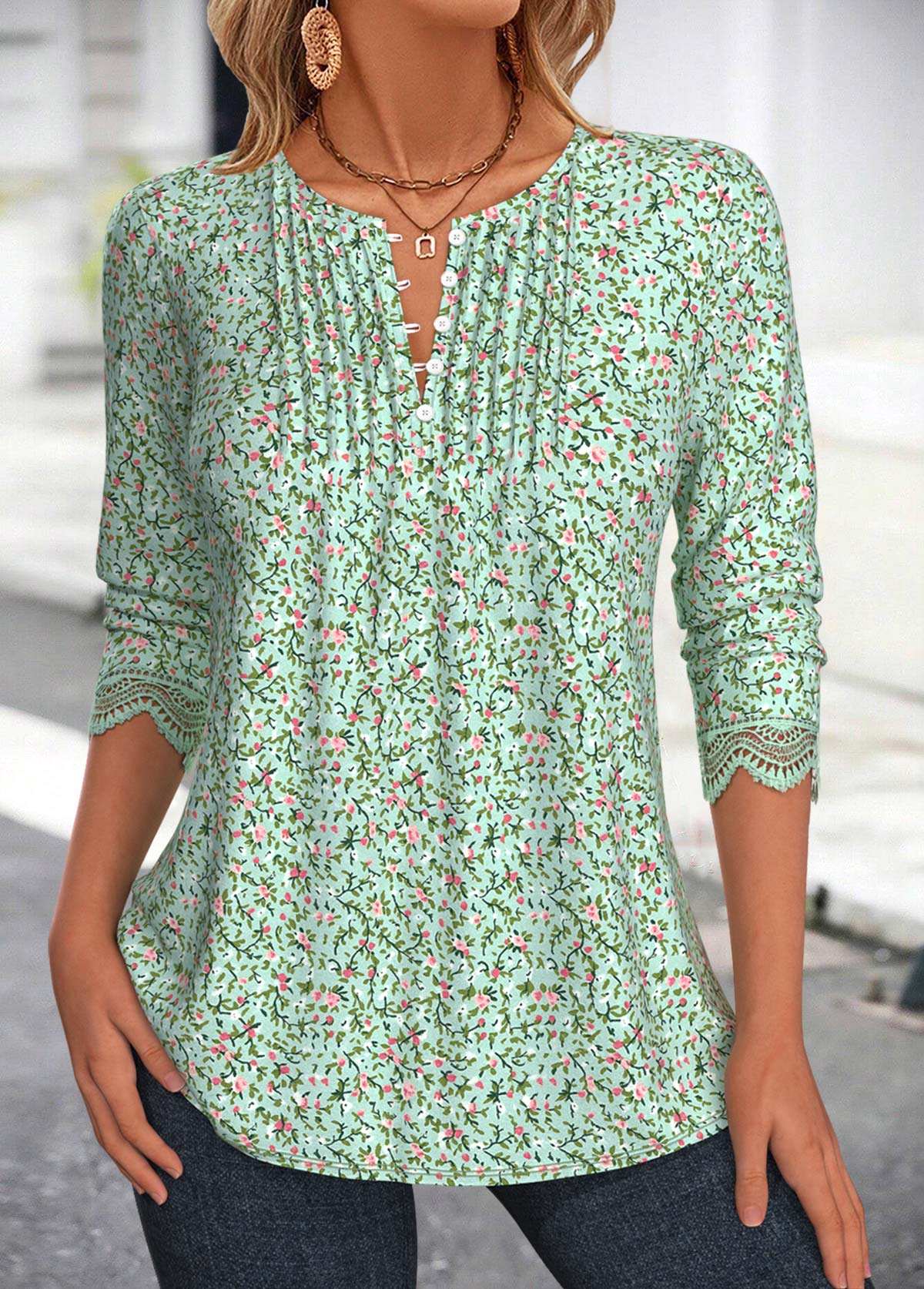 Grass Green tops,Ditsy Floral tops,ROTITA Ditsy Floral Print Grass Green Split Neck Blouse