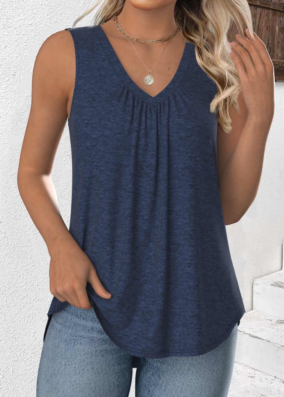 Navy plus size,Plain Color plus size,ROTITA Plus Size Navy V Neck Sleeveless Tank Top