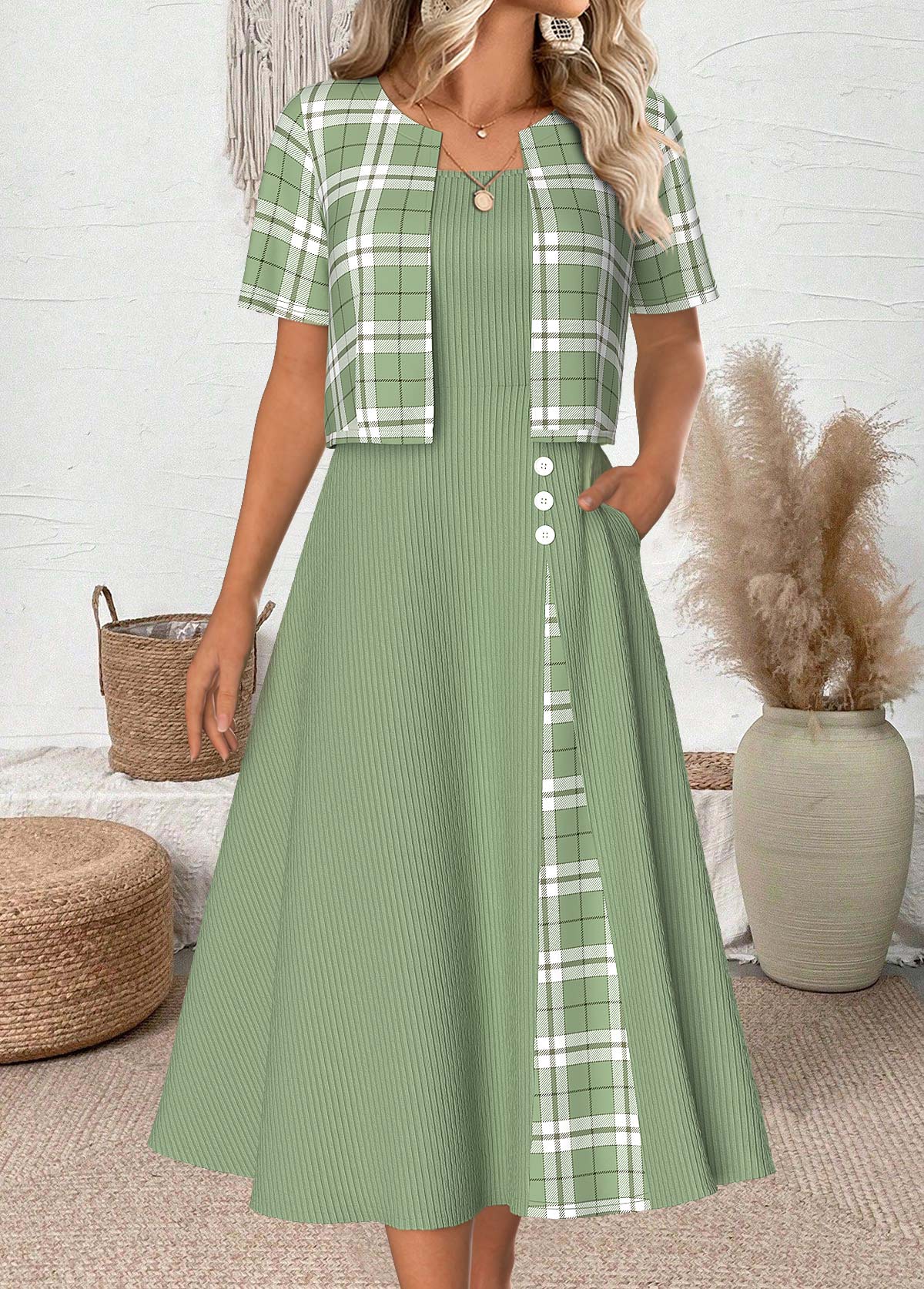 Light Green dresses,Plaid dresses,Geometric dresses,Everyday dresses,Casual dresses,ROTITA Plaid Light Green Round Neck Dress and Cardigan
