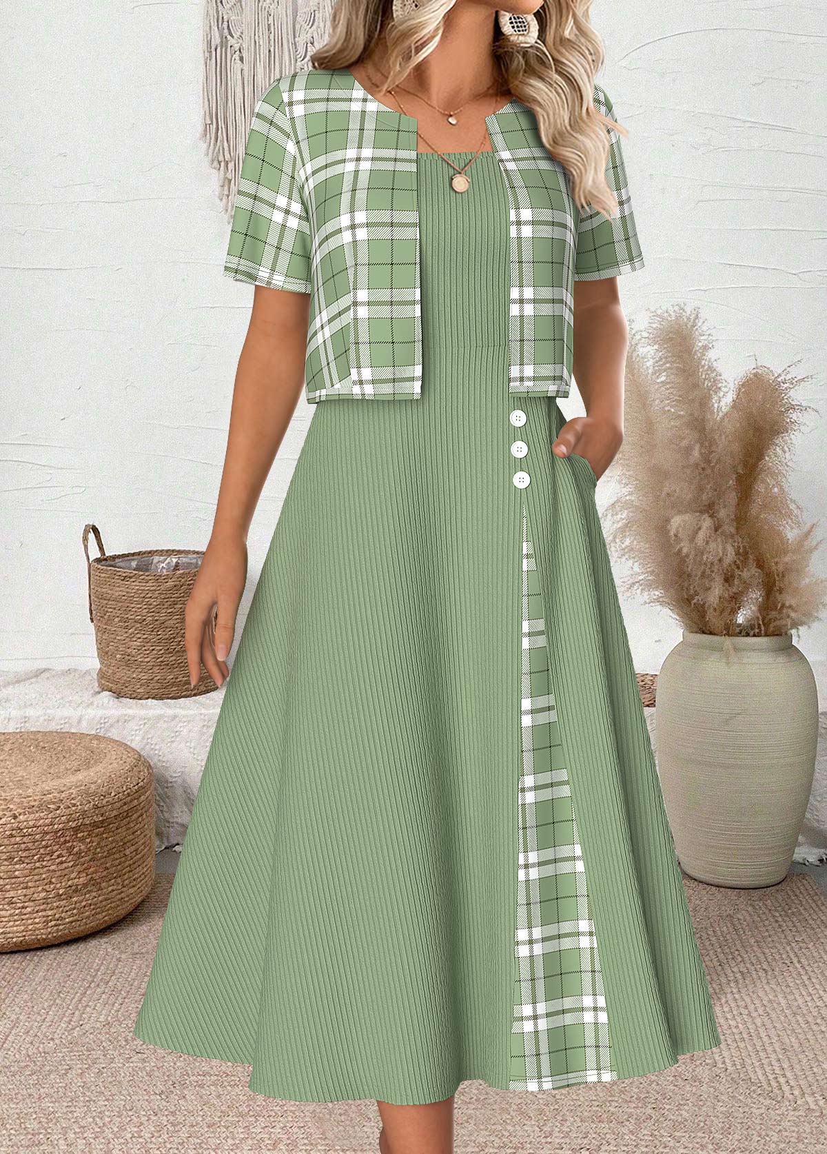 Light Green dresses,Plaid dresses,Geometric dresses,Everyday dresses,Casual dresses,ROTITA Plaid Light Green Round Neck Dress and Cardigan