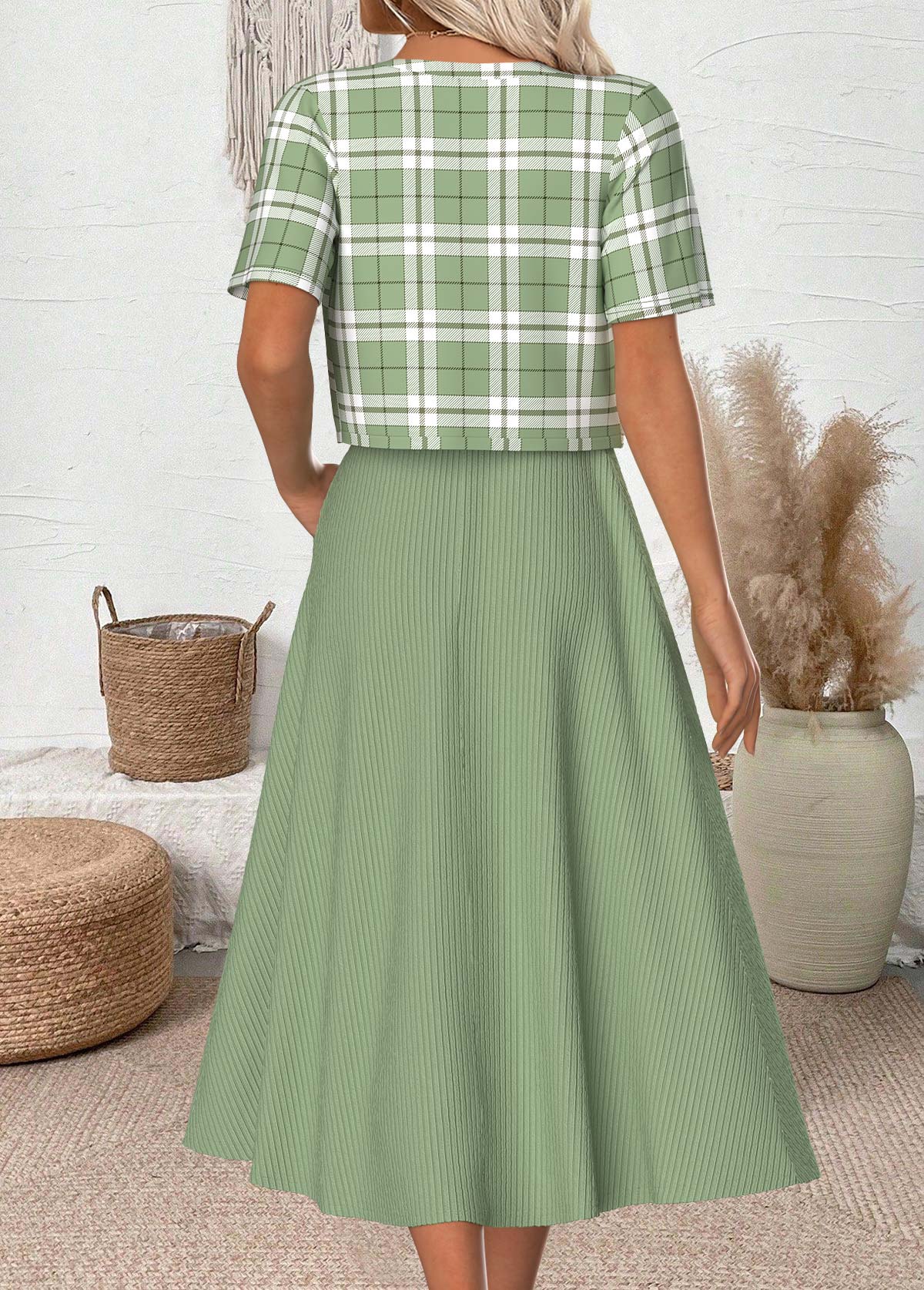 Light Green dresses,Plaid dresses,Geometric dresses,Everyday dresses,Casual dresses,ROTITA Plaid Light Green Round Neck Dress and Cardigan