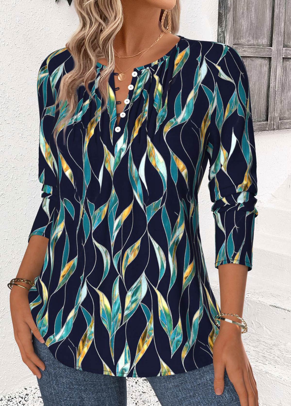 Navy tops,Plants tops,ROTITA Leaf Print Navy Split Neck Long Sleeve Blouse