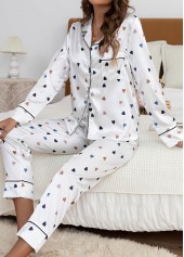 Heart Print White Shirt Collar Lounge Top and Pants